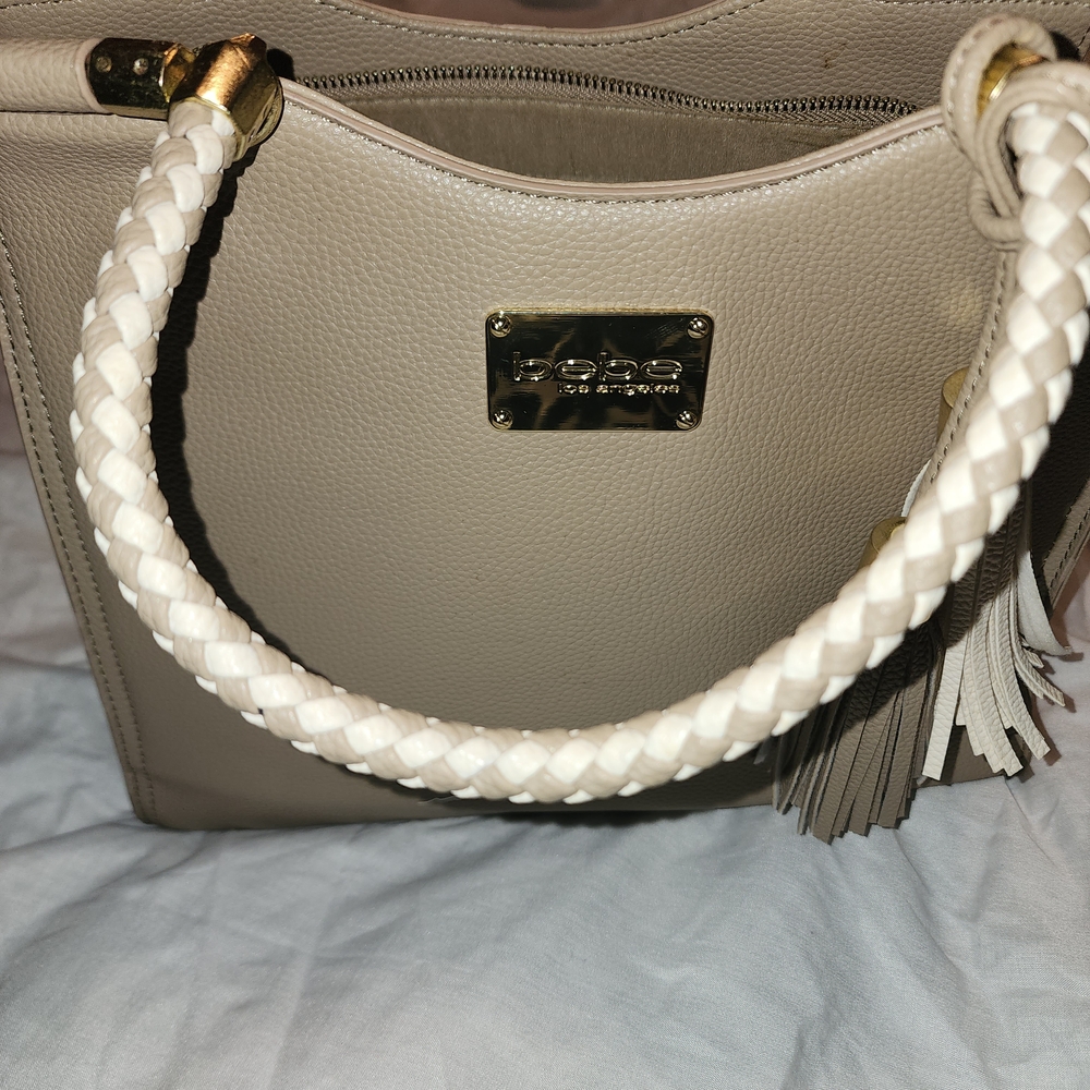 bebe Taupe Leather Tote with Braided Cream Handles and Tassel